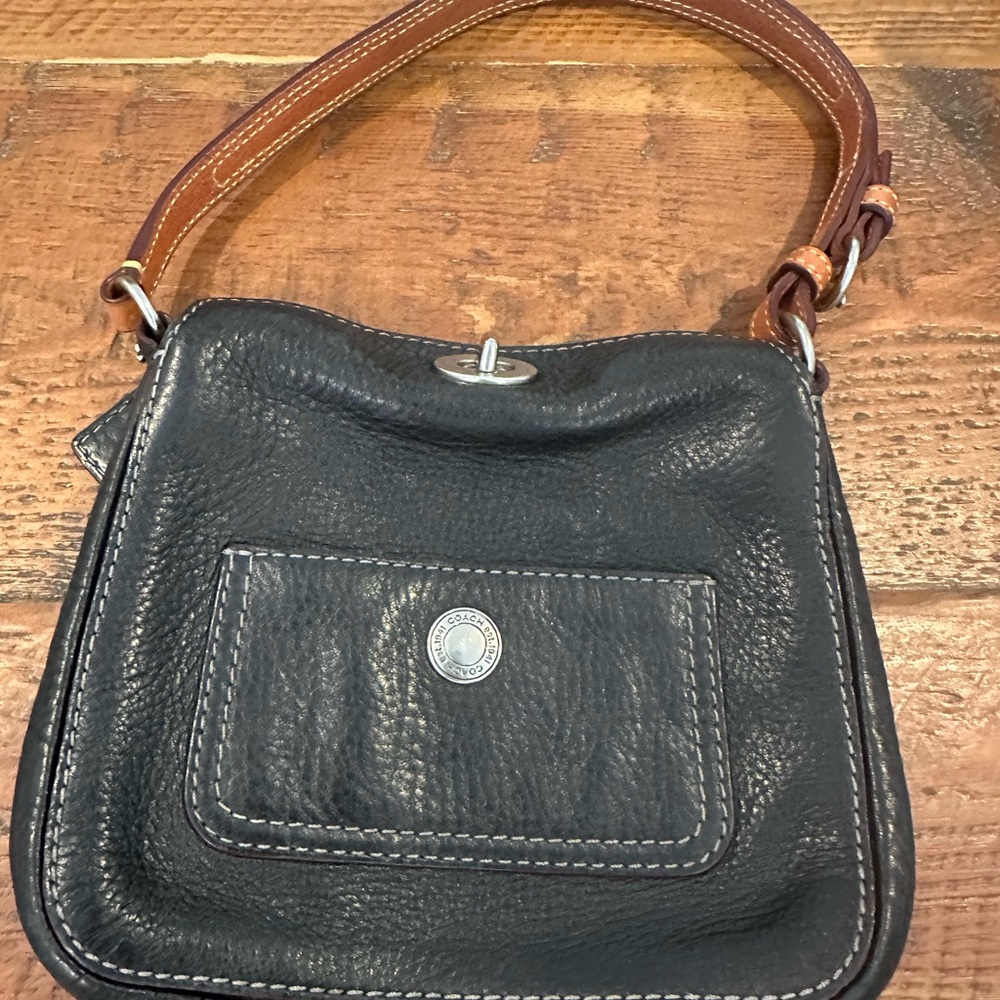 Coach Black Pebbled Leather mini Purse with Adjustable Brown Leather Strap